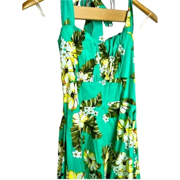 Sara USA Tropical Cotton Halter Dress With Smocked Back Green & Yellow Floral 30 - Picture 6 of 7